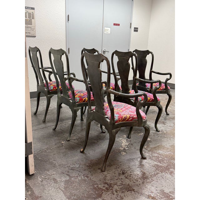 Late 20th Century Custom Queen Anne Revival Upholstered Armchairs, Set of Six For Sale - Image 5 of 12