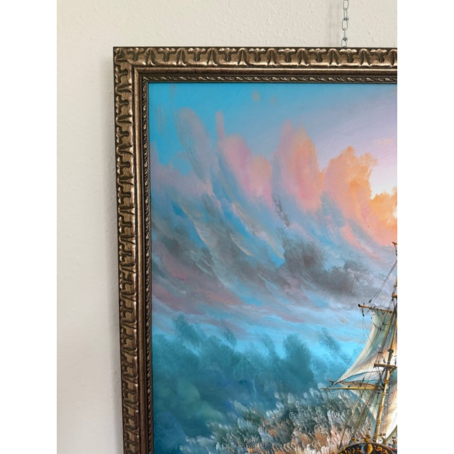 Impressionist Original Oil Painting Tall Ship at Sea Framed Maritime Seascape For Sale - Image 3 of 9
