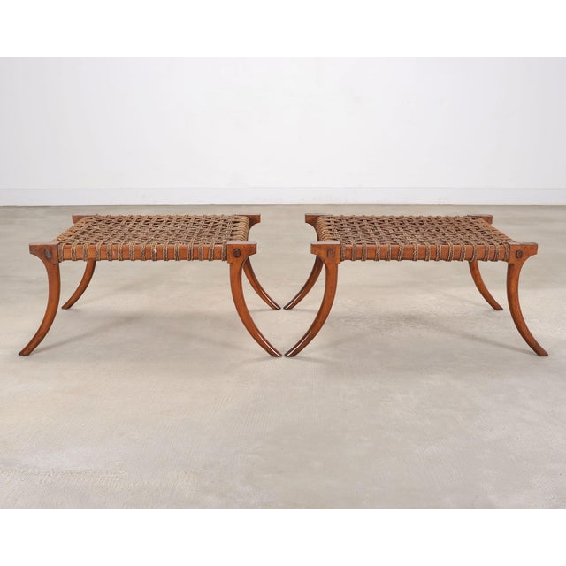 Pair of Robsjohn-Gibbings Style Walnut Klismos Rope Benches For Sale - Image 13 of 18