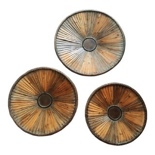 Large Graduated Slated Wood 3 Sizes Wall Decor Round Discs- Set of 3 For Sale