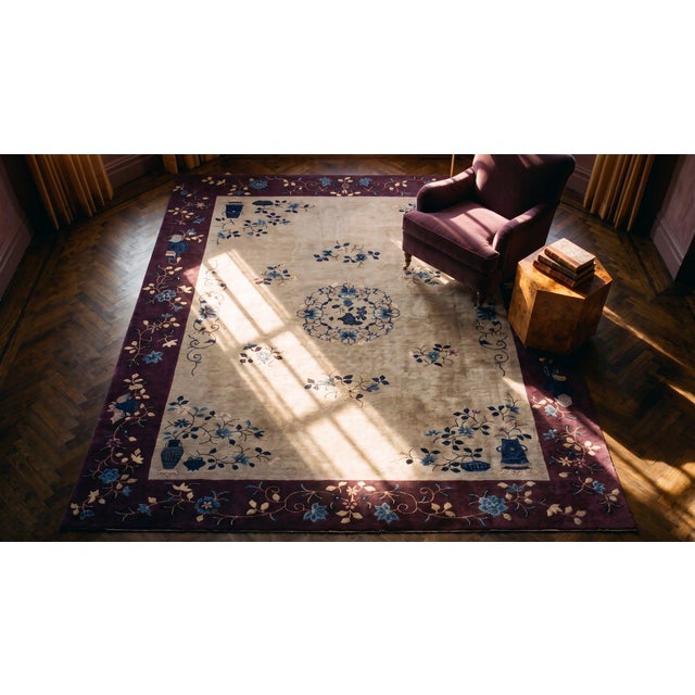 Textile 1920s Ivory Floral Modern Antique Art Deco Chinese Rug 8'10"x 11'6 Hand Knotted Wool Carpet For Sale - Image 7 of 7