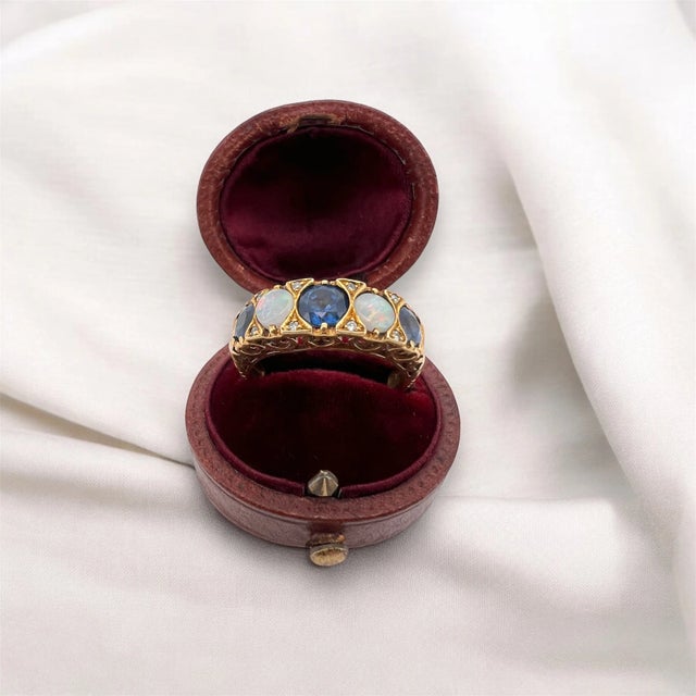 Contemporary Vintage Garter Ring in Gold, Sapphires, Opals and Diamonds, Size 3.75 For Sale - Image 3 of 6