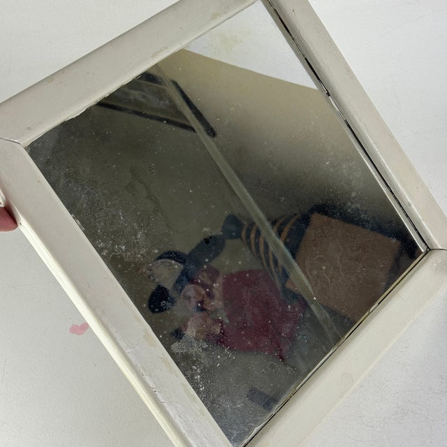 Mid 20th Century Vintage Primitive Distressed Square Wall Mirror in White Painted Wooden Frame For Sale - Image 5 of 6