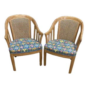 Midcentury Blue Floral Cane Back Barrel Chairs – Set of 2