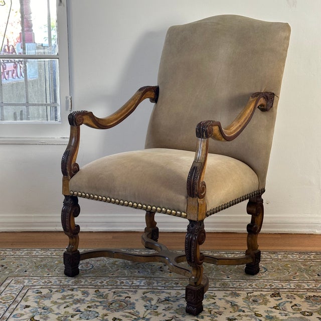Vintage Richelieu Arm Chair in Antiqued Wood, Suede and Metallic Studs by Kreiss, a Pair For Sale In Los Angeles - Image 6 of 12