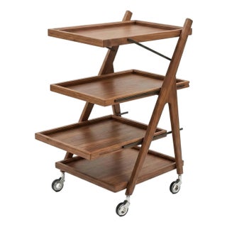 Four-Tier Black Walnut Bar Cart With Removable Trays — Modern Serving Trolley, Locking Casters For Sale