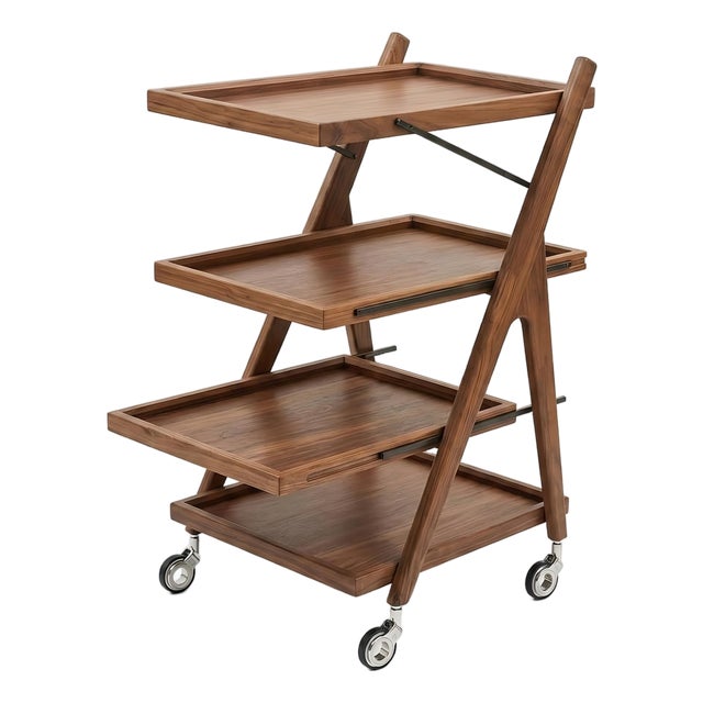 Four-Tier Walnut Bar Cart With Removable Trays, Modern Wood Serving Trolley With Wheels and Locking Casters For Sale