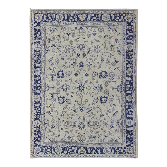 Floral Vintage Oushak in Blue and Cream With All-Over Design 8'0 X 10'7 For Sale