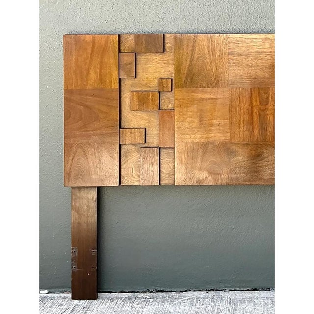 Late 20th Century Vintage Lane “Mosaics” Brutalist Wood Queen Headboard For Sale - Image 5 of 12