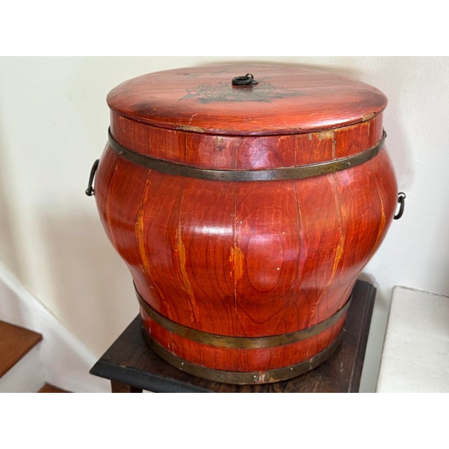 Antique Chinese Red Lacquer Elm Rice / Grain Storage Vessel — Sculptural Qing Style Container For Sale - Image 4 of 12