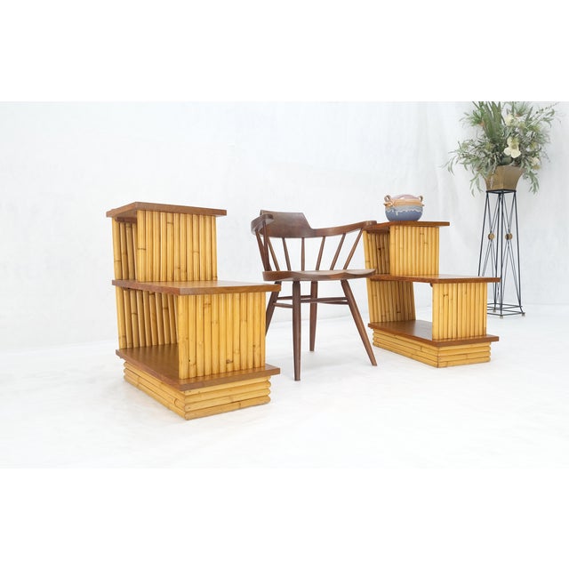 Mid-Century Modern Pair of Restored 1950s Solid Mahogany & Bamboo Reed Step End Side Tables Stands For Sale - Image 3 of 12