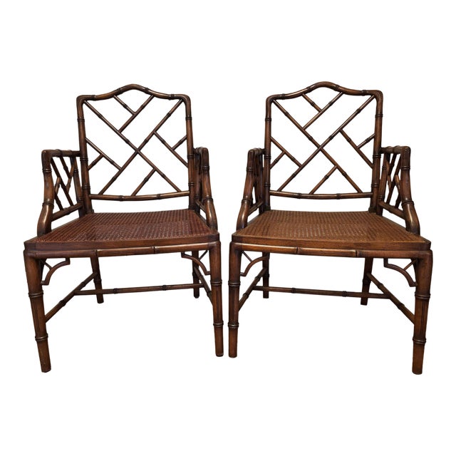 1970s Pair of Mid-Century Faux Bamboo Chinese Chippendale Style . Arm Chairs For Sale