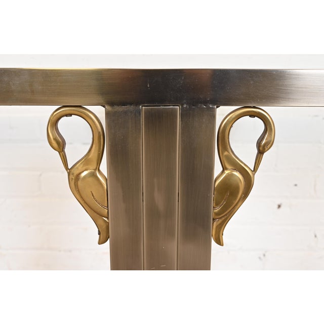 1980s Design Institute America Modern Brushed Steel and Brass Glass Top Swan Console Table For Sale - Image 5 of 12