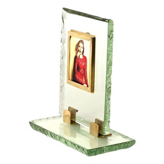 Nile Green Chiseled Crystal and Brass Photo Frame from Fontana Arte, Italy, 1950s For Sale