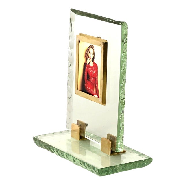 Nile Green Chiseled Crystal and Brass Photo Frame from Fontana Arte, Italy, 1950s For Sale