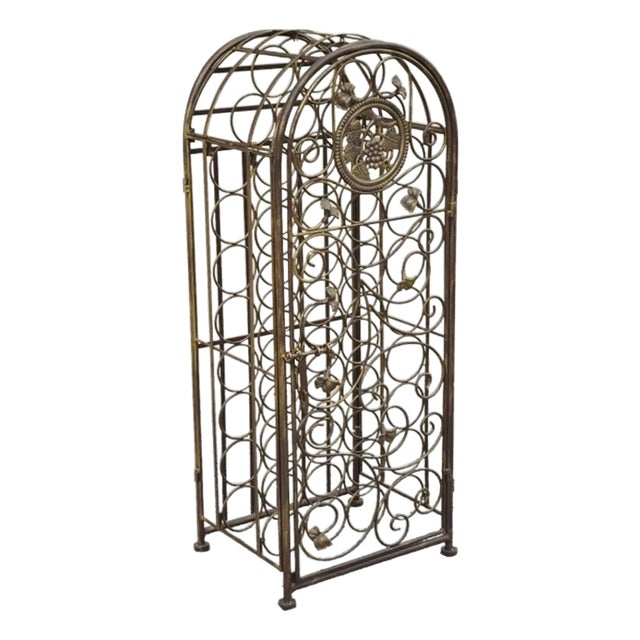 Late 20th Century Mediterranean Style Wrought Iron 37 Wine Bottle Slot Holder Stand With Door For Sale
