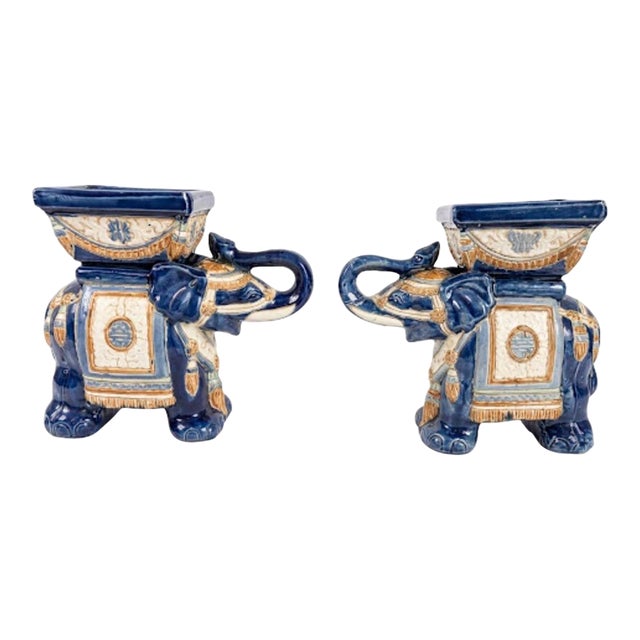 Pair of Vintage Chinoiserie Asian Glazed Ceramic Elephant Plant Stands For Sale