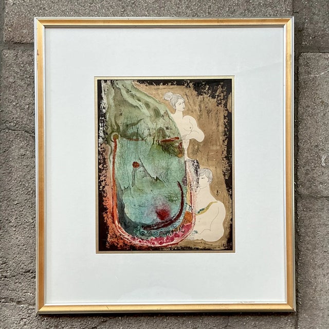 This elegant vintage artwork is a captivating mixed media composition featuring abstract nude figures, rendered with an...