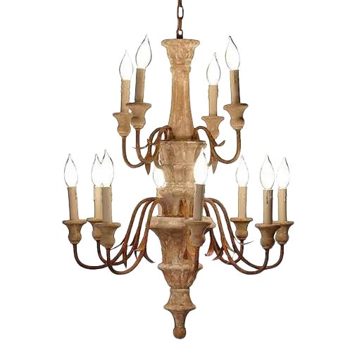 Turned Wood Hand-Carved 2-Tier Chandelier For Sale