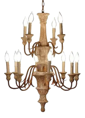 Turned Wood Hand-Carved 2-Tier Chandelier