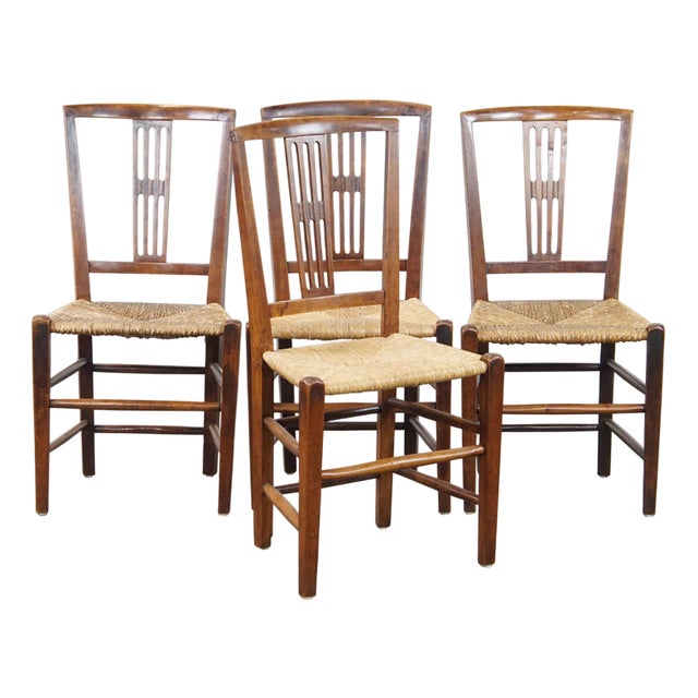Antique English Dining Room Chairs with Wicker Seats, Set of 4 For Sale