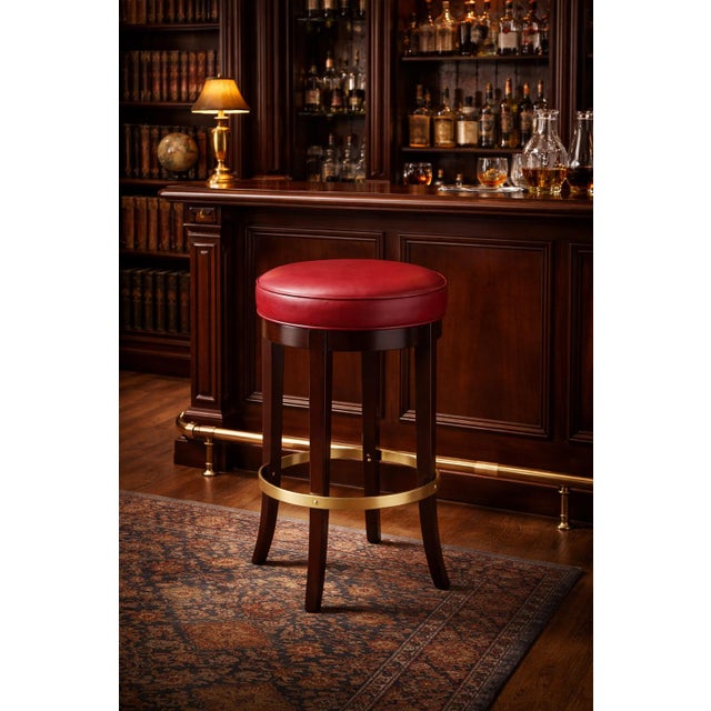Late 20th Century Late 20th Century Oversized Traditional Swivel Bar Stool With Red Leather Seat, Mahogany Legs & Brass-Tone Footrest Ring — 30” For Sale - Image 5 of 5