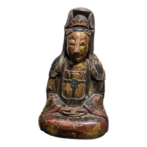 Antique Chinese Lacquered Gild Wood Figure Statue Buddha Guanyin Qing Era