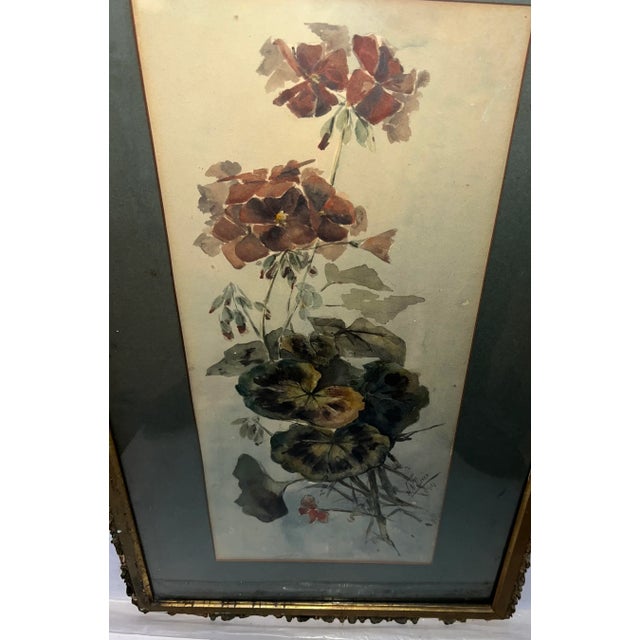 Boho Chic 1899 Signed Floral Watercolor of a Flower Bouquet of Impatiens & Violets in the Original Frame For Sale - Image 3 of 10