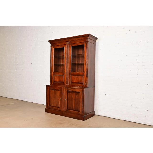 English Ethan Allen British Colonial Carved Cherry Wood Lighted Breakfront Bookcase Cabinet For Sale - Image 3 of 15