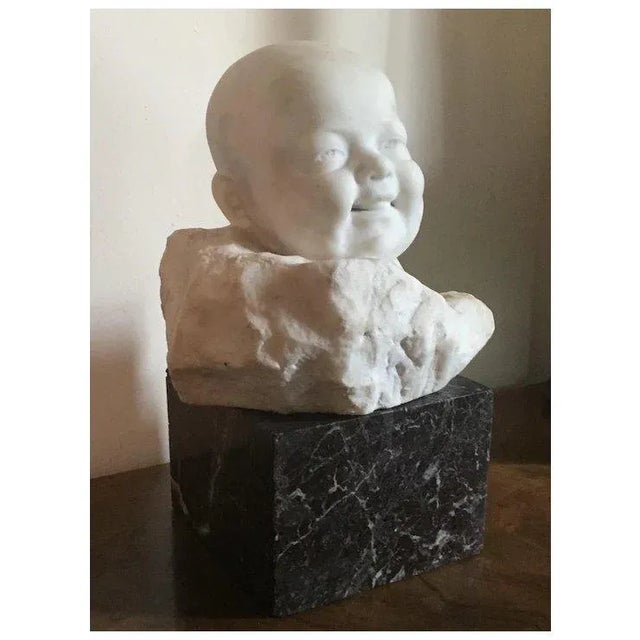 Early 20th Century Italian Carved White Marble Head Bust of an Infant or Baby by Giorgio Rossi 1920 on Rouge Marble Plinth For Sale In New York - Image 6 of 10