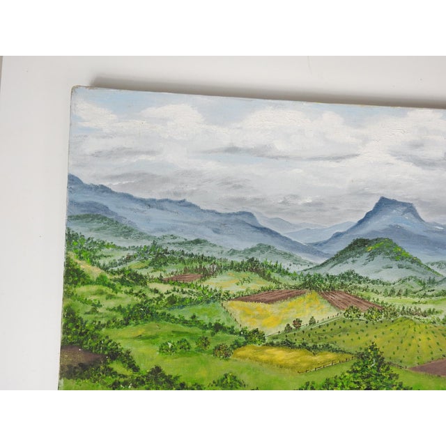 Late 20th century acrylic on canvas birdseye view mountain valley landscape painting. Unsigned. Unframed, small scattered...