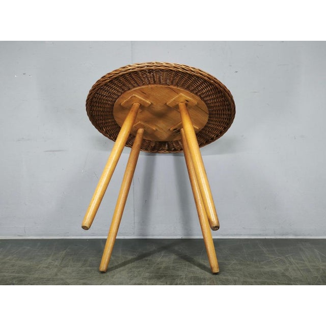 Rattan and Beech Side Table from Jan Kalous, Czechoslovakia, 1970s For Sale - Image 9 of 10