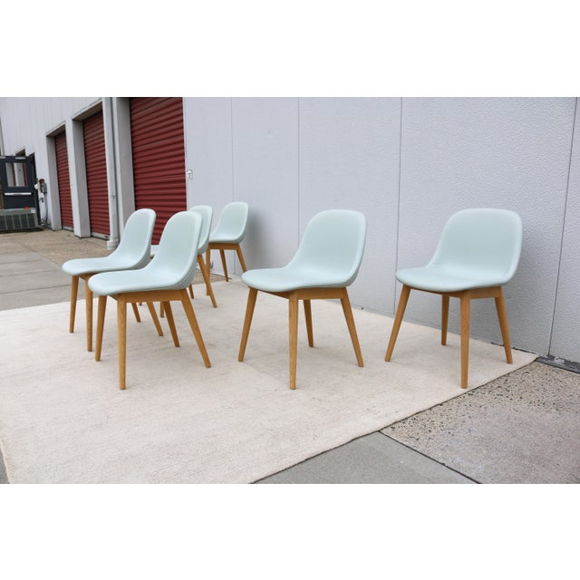 2020s Danish Iskos-Berlin for Muuto Blue Leather Fiber Side Chairs Wood Base, Set of 6 For Sale - Image 5 of 18
