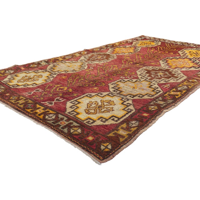50087 Vintage Turkish Oushak Rug Runner, 04'00 x 07'09. A flame of Anatolian heritage burns bright in this hand-knotted...