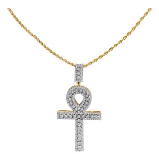 Men's 10K Yellow Gold 1.00 Cttw Diamond Ankh Cross Pendant Necklace For Sale
