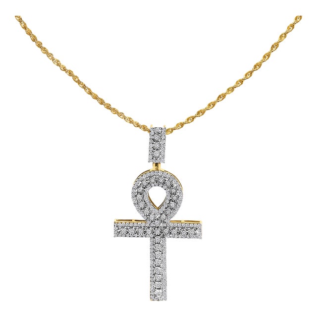 Men's 10K Yellow Gold 1.00 Cttw Diamond Ankh Cross Pendant Necklace For Sale