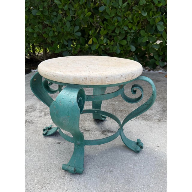 Vintage Hand-Painted Iron Petite Cocktail Table With Tessellated Travertine Top For Sale - Image 10 of 11