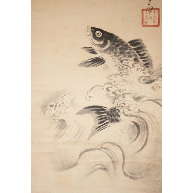 "Carp Leaping", Early Showa Era Japanese Monochrome Scroll Painting For Sale - Image 4 of 15