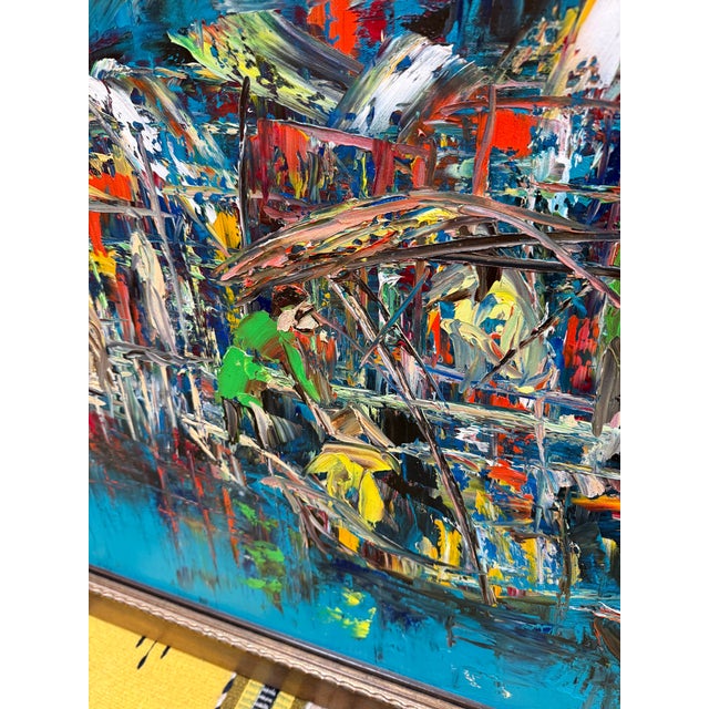 Yellow Nguyen Lam Abstract Expressionist Harbor Scene Original Oil Painting, Signed For Sale - Image 8 of 12