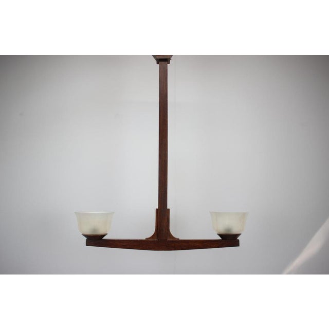 - Mid-century Wooden Chandelier, 1930s, - made of wood and glass, - shows signs of wear and age (scratches, etc.), - in...