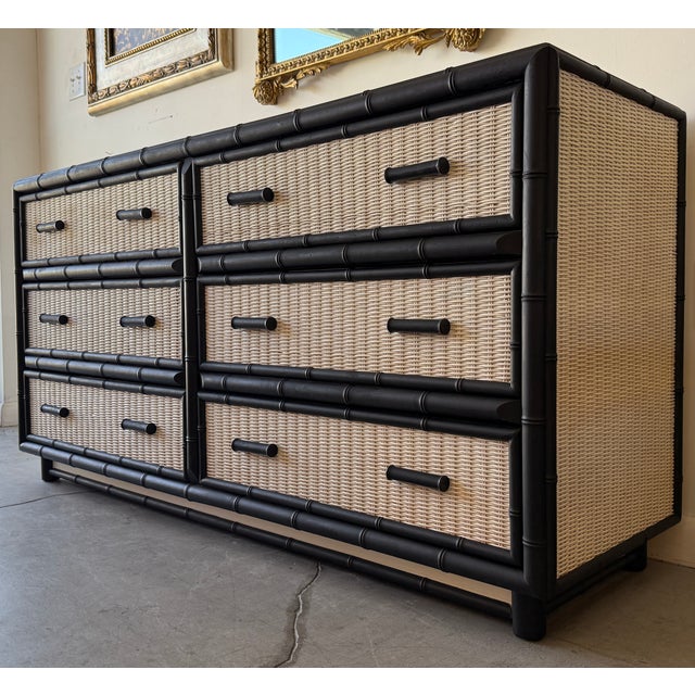 Wood Faux Bamboo & Rattan British Colonial Style 6 Drawer Double Dresser For Sale - Image 7 of 9