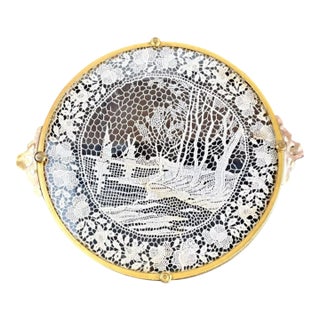 Antique Apollo Silver Co. Gilt Brass Vanity Tray With Lace Under Glass For Sale
