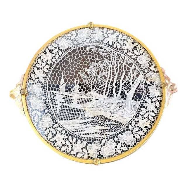 Antique Apollo Silver Co. Gilt Brass Vanity Tray With Lace Under Glass For Sale