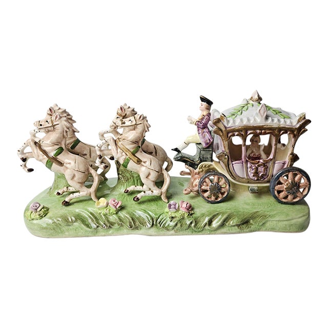Vintage Italian Capodimonte Style Porcelain Cinderella Carriage With Four Horses For Sale