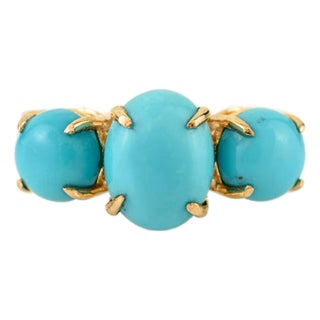 3.32 Ct Three Stone Turquoise Claw Set Engagement Ring in 14k Solid Gold Size 5 For Sale
