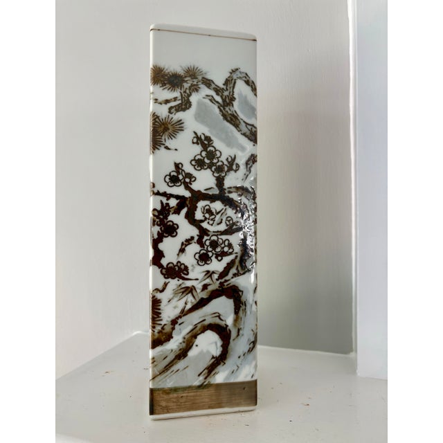 Vintage Mid-Century Japanese Hand-Painted Porcelain Square Sleeve Vase For Sale - Image 10 of 12