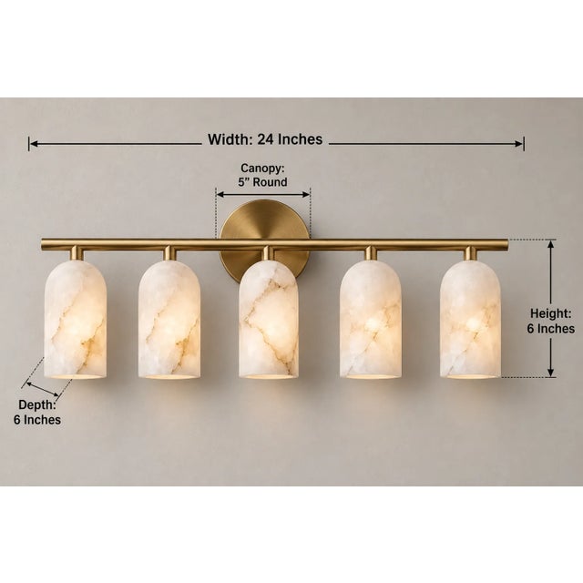 Handcrafted Brass 5-Light Vanity Sconce With Natural Alabaster Shades Bathroom Mirror Light, Modern Luxury Wall Lighting For Sale - Image 4 of 8