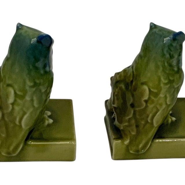 Rookwood Pottery Antique Rookwood Pottery #2655 Owl Bookends Blue-Green High Glaze Made in Usa 1927 For Sale - Image 4 of 10