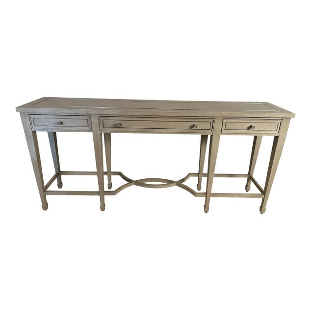 Bernhardt Criteria 78” Heather Gray Ash & Stainless Steel Console Table For Sale
