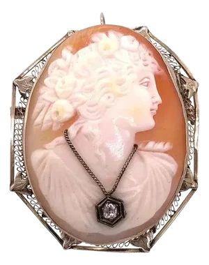 14 Karat White Gold Cameo Brooch and Pendant Woman Profile With Diamond Necklace
